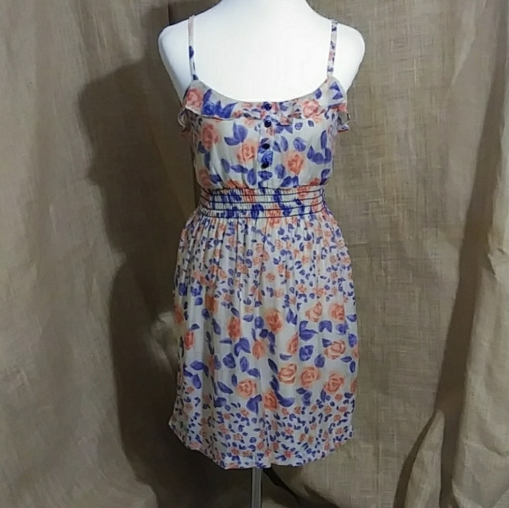 SALE - Beige Lined Floral Orange Blue Silky AUDREY Dress M